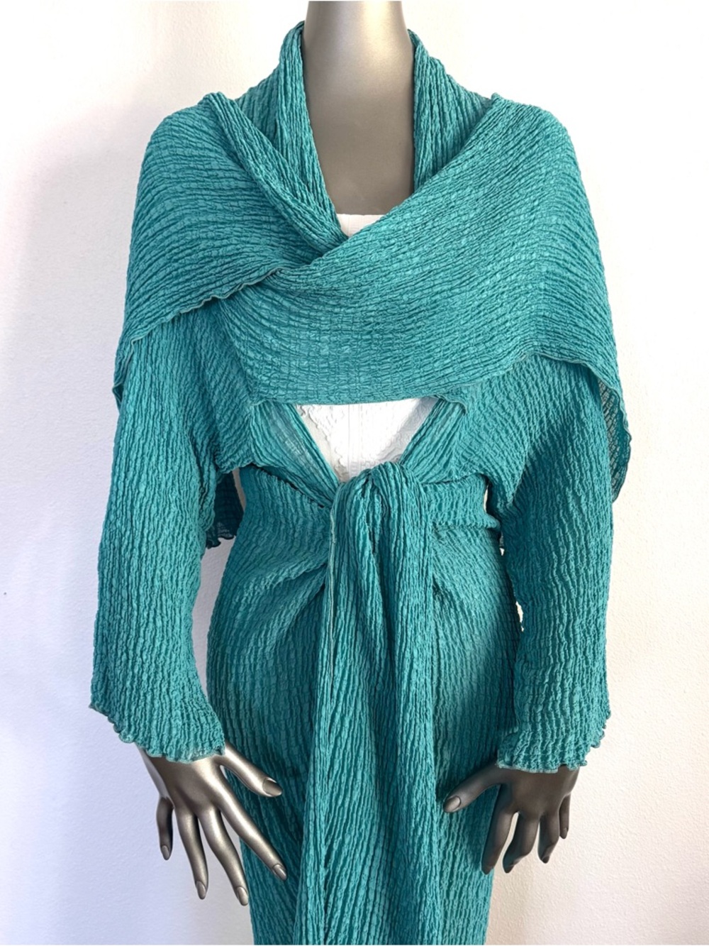 URU Dream Coat 100% Silk Crinkle Duster Cardigan Turquoise Size 2 NWT - Picture 4 of 12